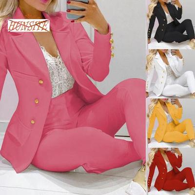 2 Pcs/Set Lady Business Suit Turn-down Collar Solid Color High Waist Single-breasted Ankle-banded Pants Suit for Work