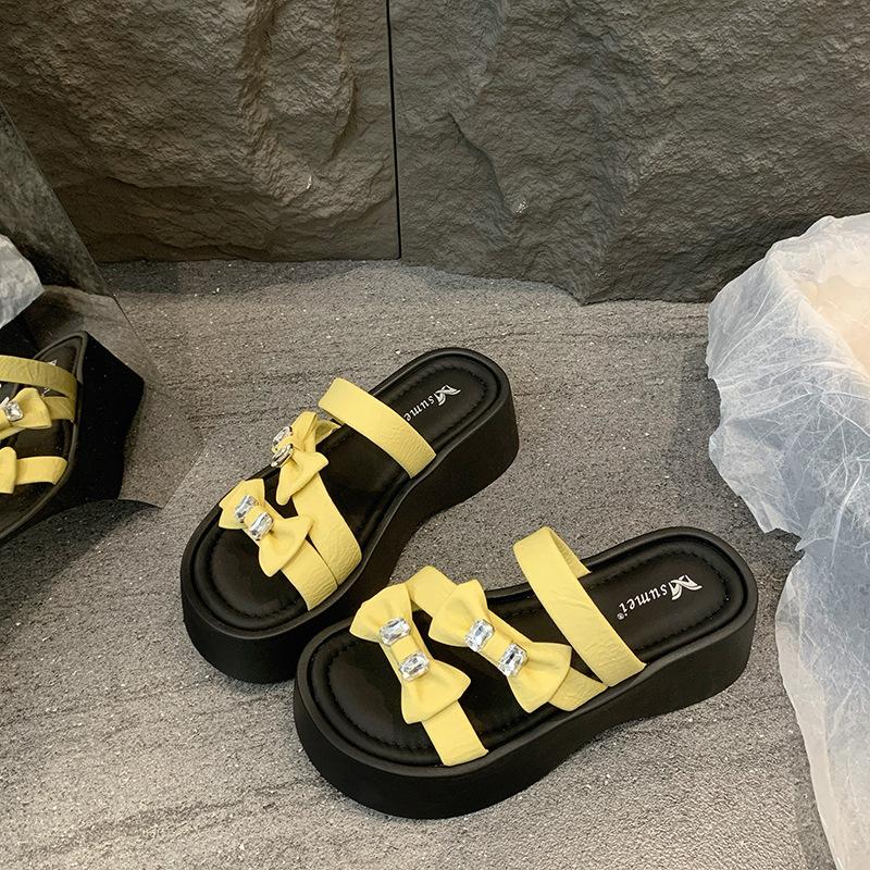 New Outer Wear Muffin Heightened Thick Heel Cool Slippers Leather Thick Bottom One-word Drag Women's Summer New