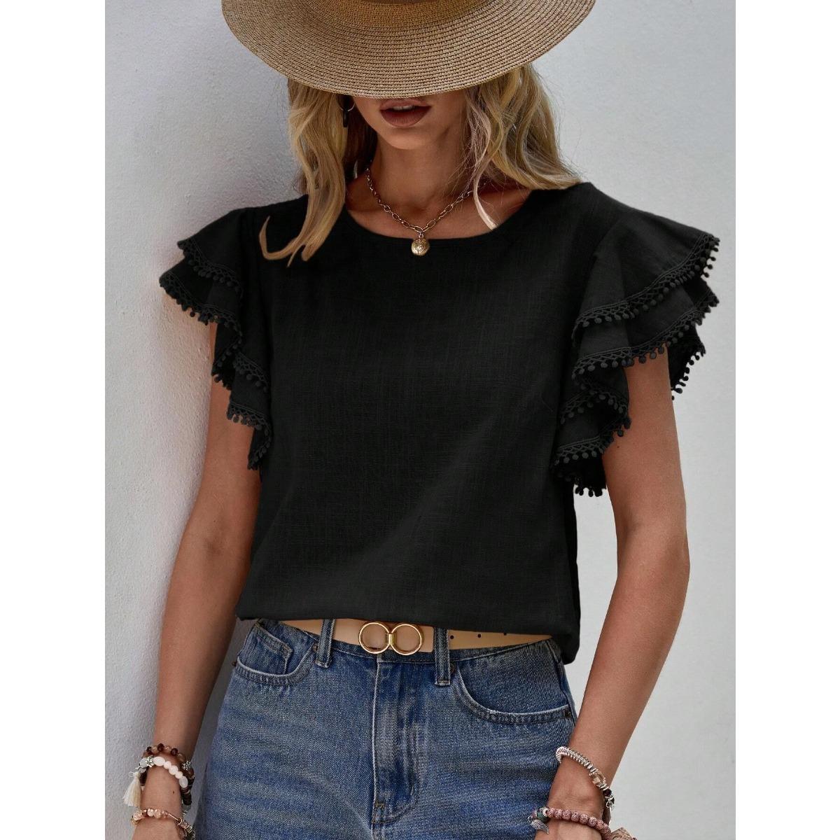 Women s Crew Neck Short Sleeve Lace Ruffle Flutter Top Loose Fit Sweet Casual Blouse S чёрный