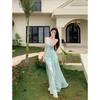 French Mint Green Lace Suspender Dress, New Summer Style, Elegant Waist-Cinching, Slimming, Seaside Resort Style A-Line Dress