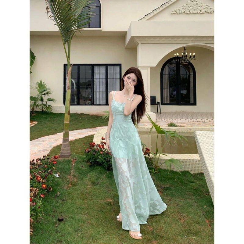 French Mint Green Lace Suspender Dress, New Summer Style, Elegant Waist-Cinching, Slimming, Seaside Resort Style A-Line Dress