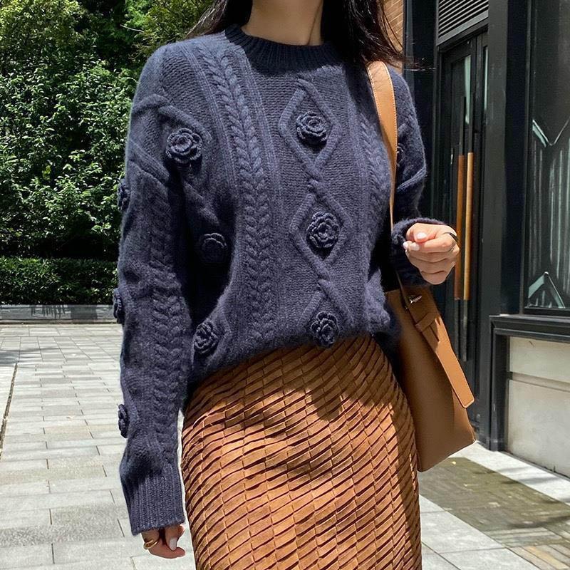 Women's Autumn and Winter Sweater Thickened Warm Knitted Stretchy Long-Sleeve Oversized Top