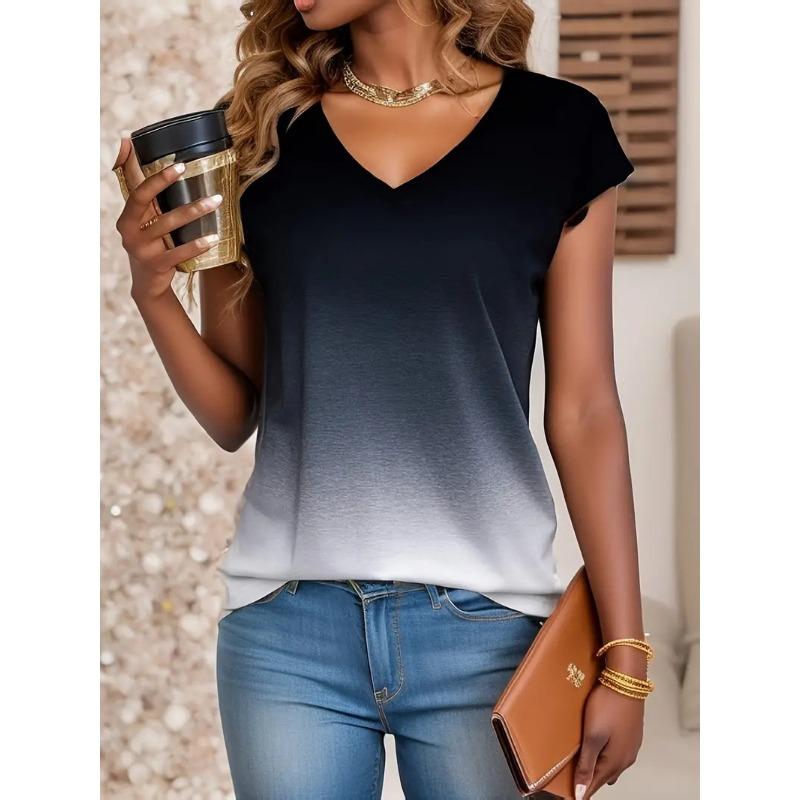 Summer Fashion Gradient 3D Print T-Shirts Women's V-Neck Short Sleeve T Shirt
