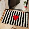 Black White Stripe Red Heart Fluffy Flannel Floor Mat, Modern Love Design Anti-Slip Absorbent Rug for Living Room & Entryway,