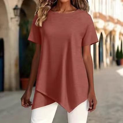 women's Solid Color Short Sleeve Irregular Hem Round Neck Loose Fit Casual Tunic Top Blouse