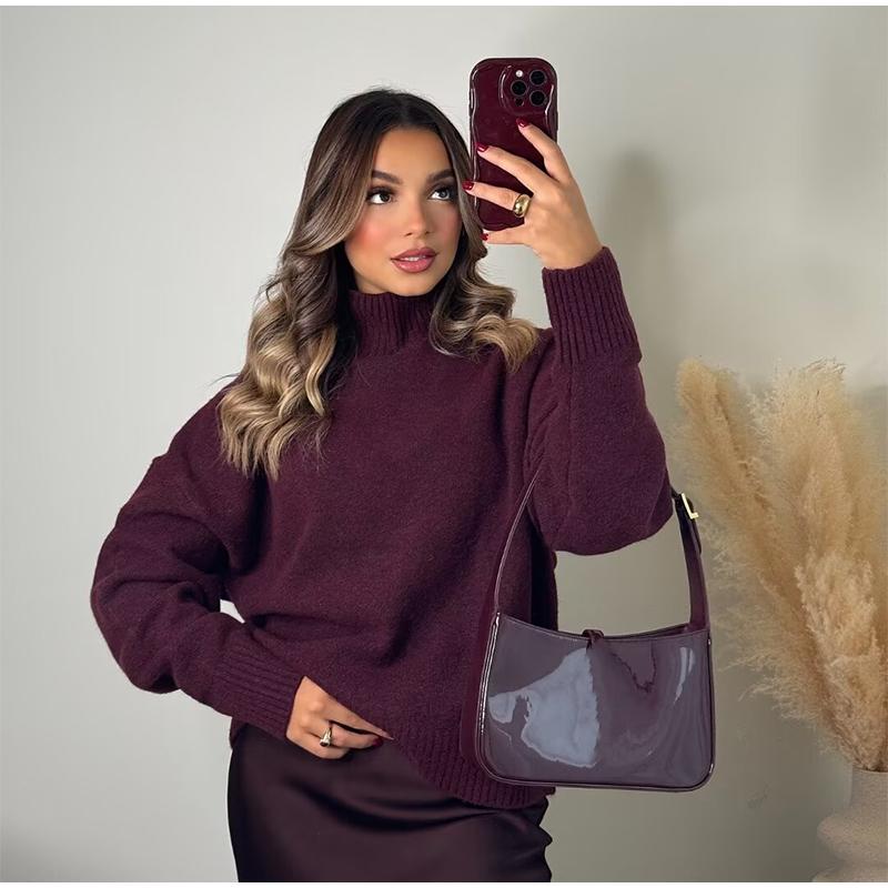Casual Turtleneck Pullover Women Autumn Winter Dark Red Loose Sweater Female Full Sleeves Solid Color Knitwear Lady All-match Pullovers