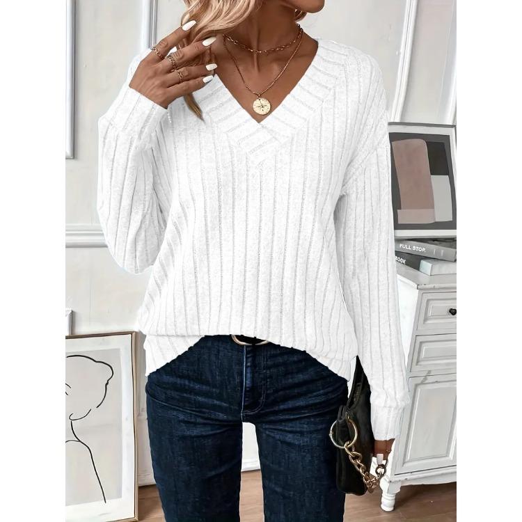 Women Plus Size V Neck Cable Knit Sweater Loose Long Sleeve Casual Pullover