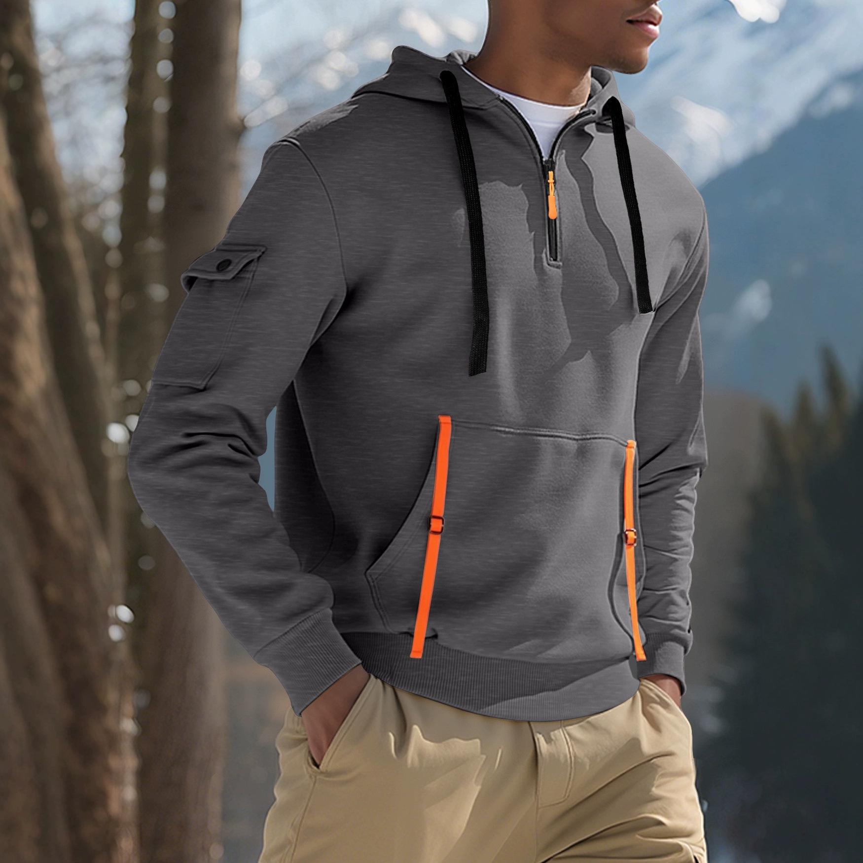 

Men s European Size Plus Velvet Multi-Pocket Zipper Hoodie - New Autumn/Winter Fashion Sweatshirt M темно-серого