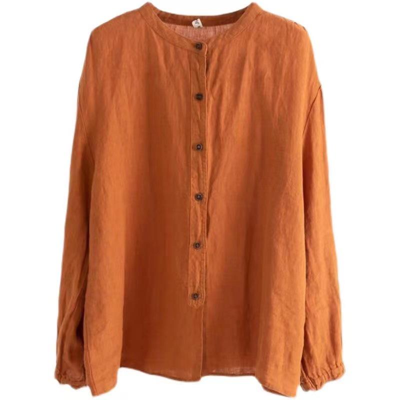 Retro 2024 Spring/Autumn Women's Loose Cotton & Linen Round Neck Shirt Jacket with Closed Sleeves