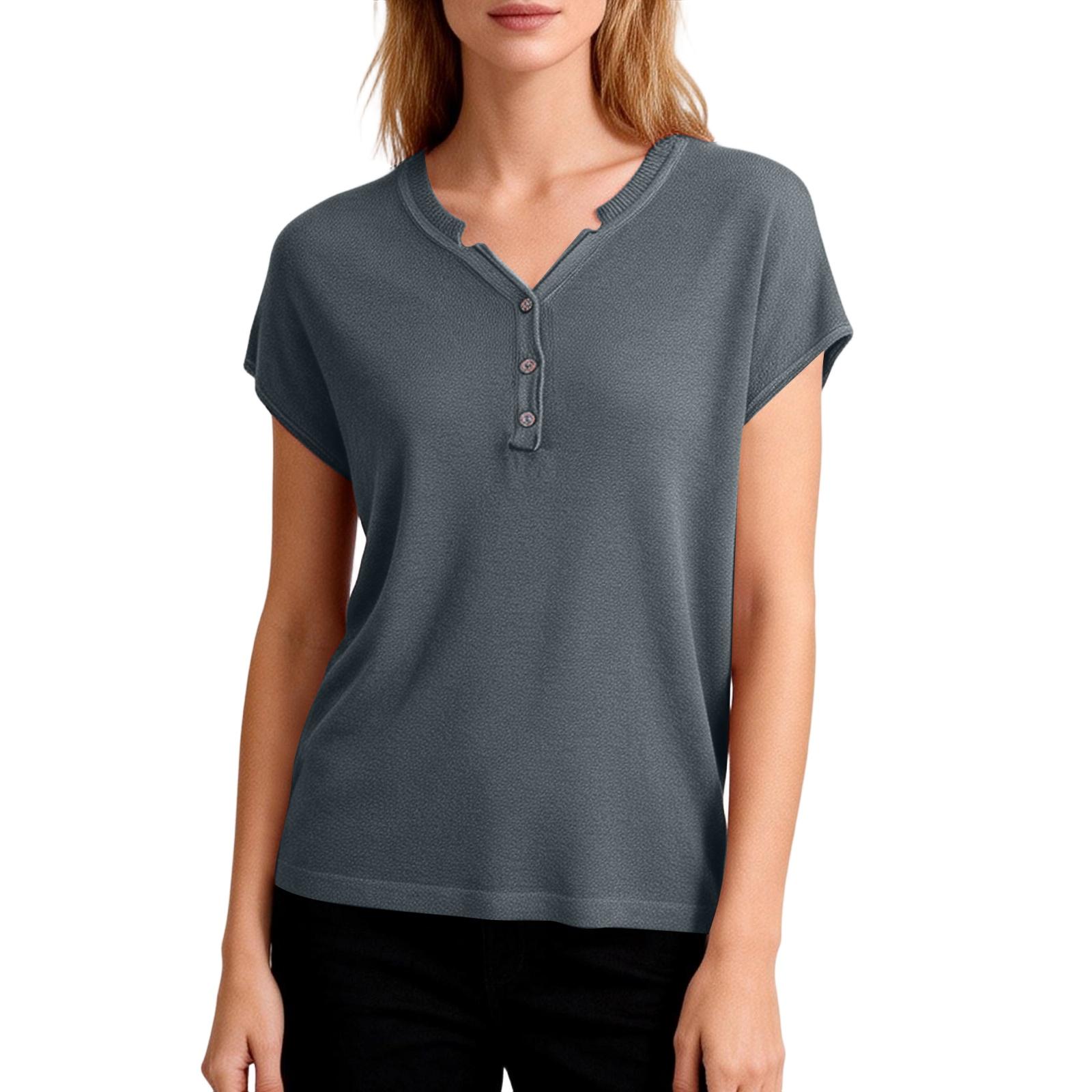 Women s V-neck Loose Button Placket Short Sleeve T-shirt S