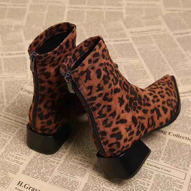 Leopard Women's Ankle Boots Mid Heels Pointed Toe Suede Shoes Winter  Elegant Pumps Gothic Boots New Chelsea Mujer Botas