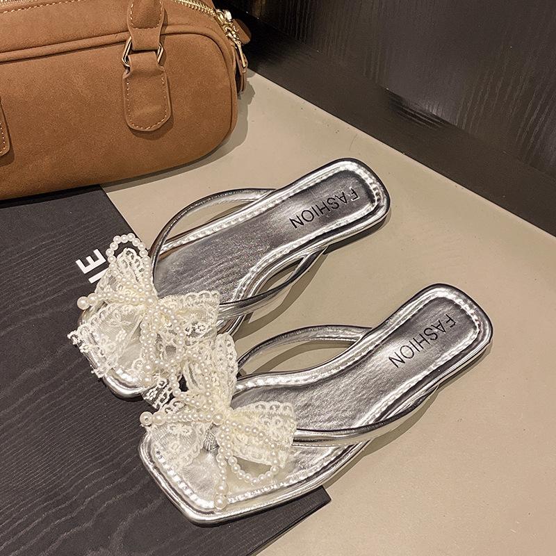 2025 summer new sweet transparent slippers women's outerwear bow open-toe hollow crystal fashion flip-flops