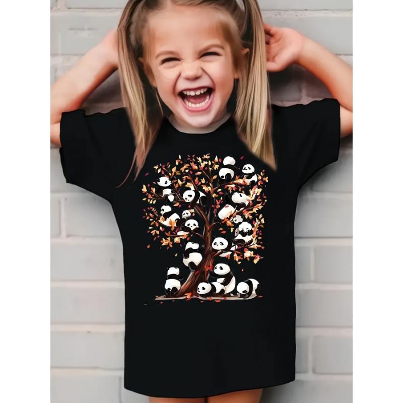 Girls' Cute Panda Climbing Tree Printed T-shirt - Soft Pink Short-sleeve Crew Neck Top, Breathable Knitted Fabric for Spring