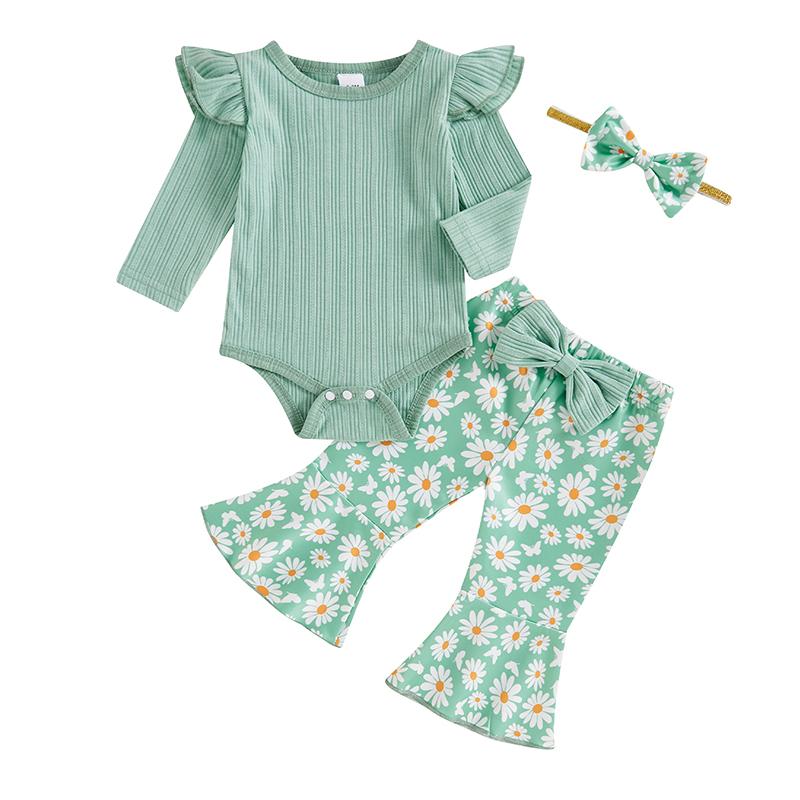 Baby Girl 3 Piece Fall Outfit Long Sleeve Ribbed Romper Daisy Flare Pants Bow Headband