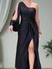 Hot In Stock, Summer New Diagonal Collar, Shoulder Sleeves, Pleated Waist, Solid Color Slim-fit Dress