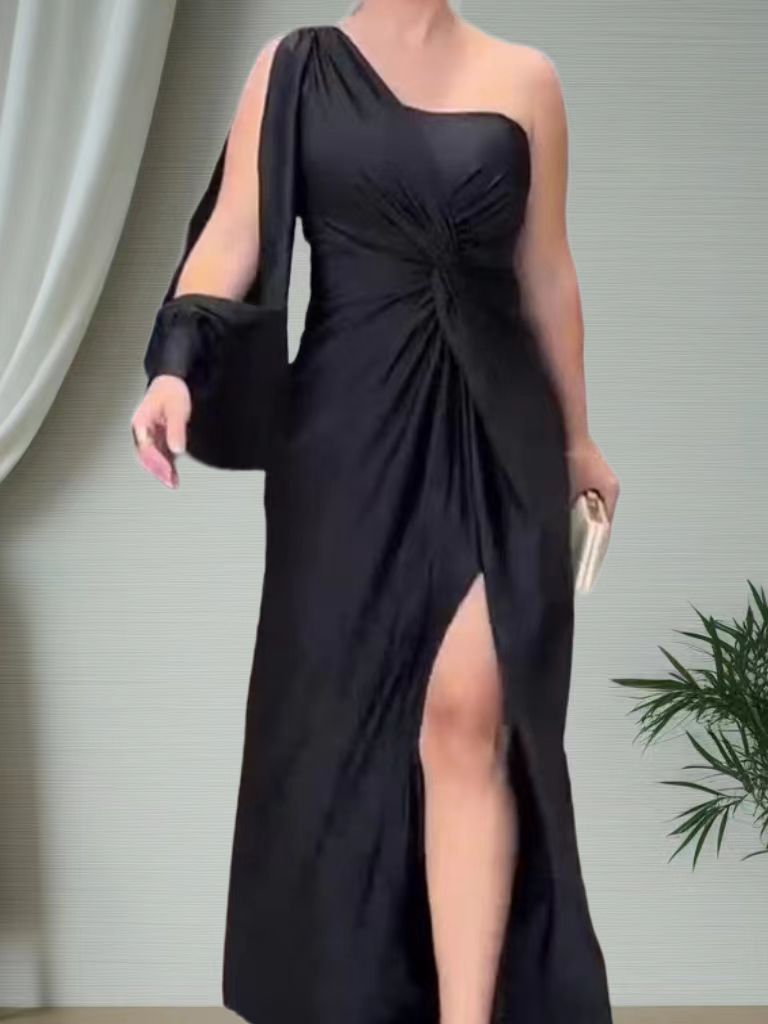 Hot In Stock, Summer New Diagonal Collar, Shoulder Sleeves, Pleated Waist, Solid Color Slim-fit Dress