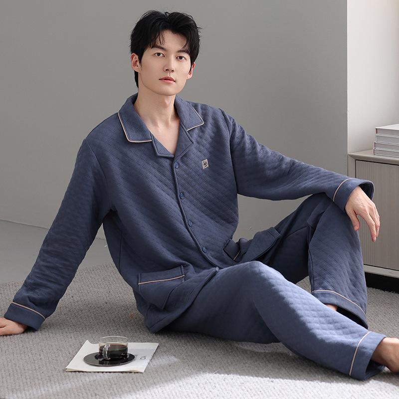 Pajamas Men'S Autumn And Winter Thickened Pure Cotton Long Sleeve Air Cotton Interlayer Homewear Winter Warm Large Size Cotton Set