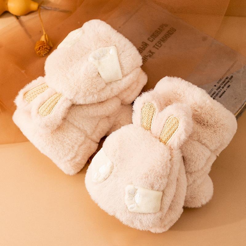 

Одна пара утолщенных женских плюшевых варежек, милые пушистые перчатки без пальцев для девочек, зимние флип-перчатки с полупальцами, теплые принадлежности бежевый