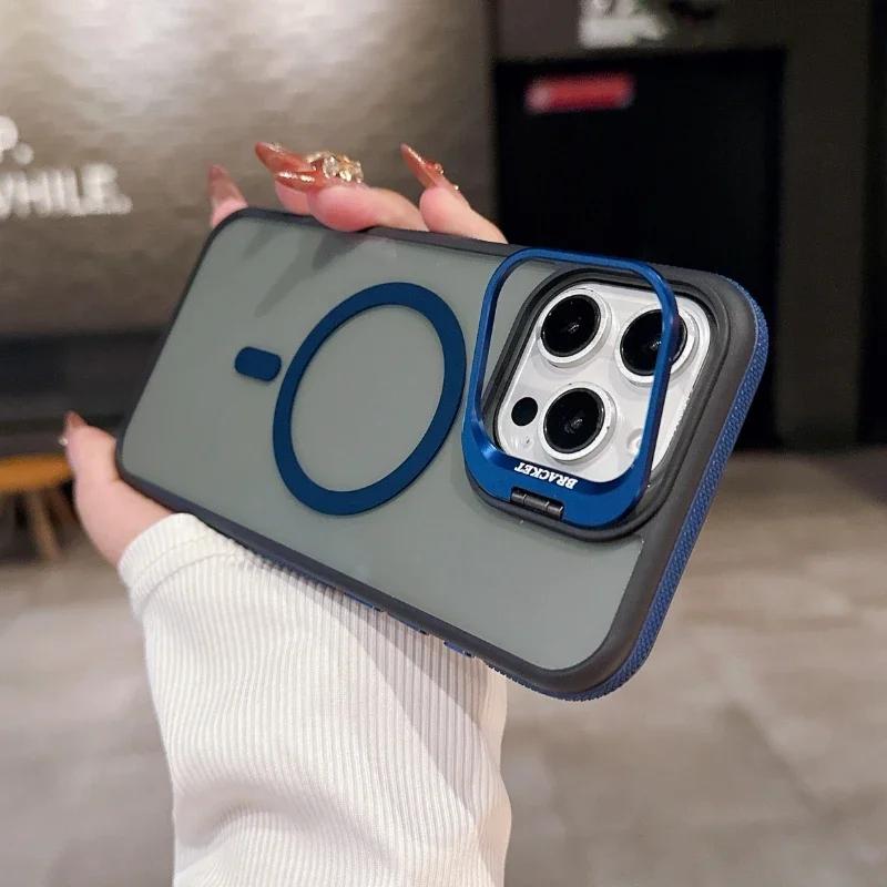 Fashion Double Color Magnetic Stand Translucency Case For iPhone 16 15 14 13 12 11 Pro Max Plus Magsafe Splice Color Matte Cover