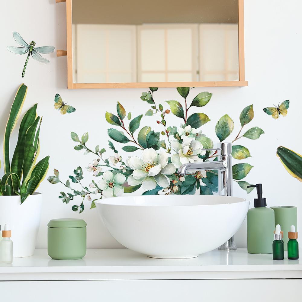 Świeże i Czyste Białe Kwiaty i Zielone Liście Naklejki do Dekoracji i Upiększania Ściany Łazienki Domowej z Motywem Ważki