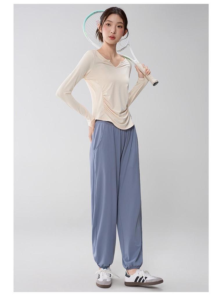 Women's V-Neck Yoga Suit: Loose, Quick-Dry, Long Sleeve for Casual Sports and Pilates Training