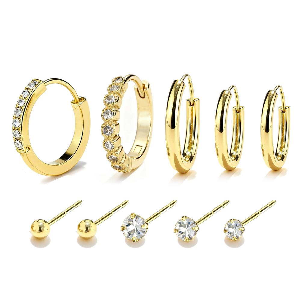 7-10 Piece Set Small Gold Hoop Stud Earrings for Women, 18K Gold Plated Tiny Stainless Steel Earrings Sets for Multiple Piercing