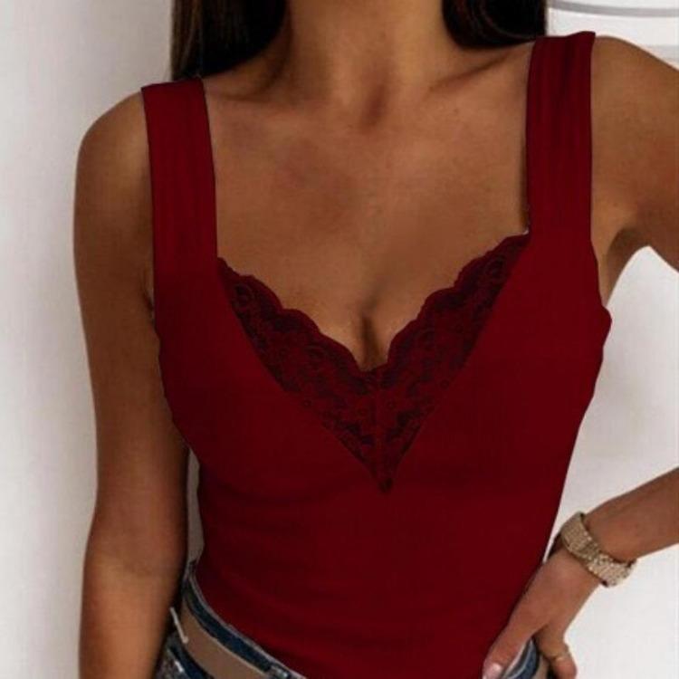 

Женские повседневные летние майки без рукавов с круглым вырезом, однотонные, с кружевным принтом, приталенные топы S винный