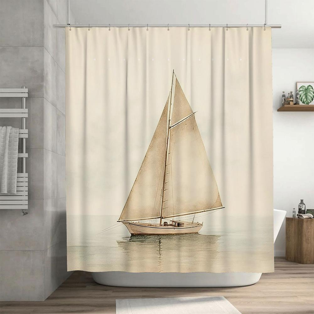 Vintage Style Sailboat Printed Shower Curtain Waterproof Bath Decoration for Home Bathroom Decorations White