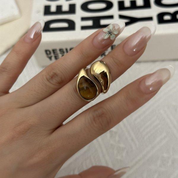 Vintage Natural Stone Stainless Steel Rings for Women Men Trendy Gold Plated Hollow Geometric Ring Finger Accessories Jewelry