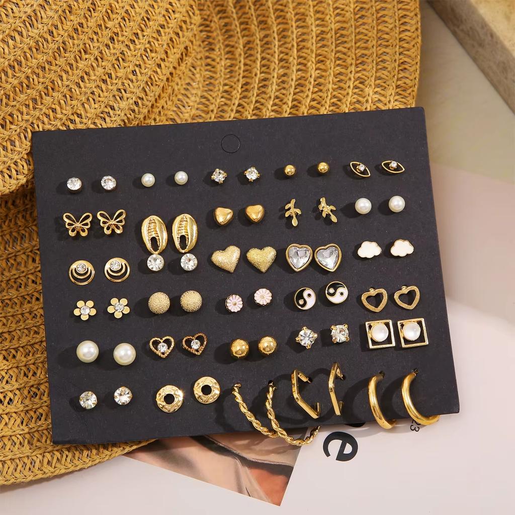 40 Pcs Gold Color Earring Set for Women Vintage Butterfly Heart Pearl Crystal Stud Earrings Korean 2025 New Simple Jewelry Gifts
