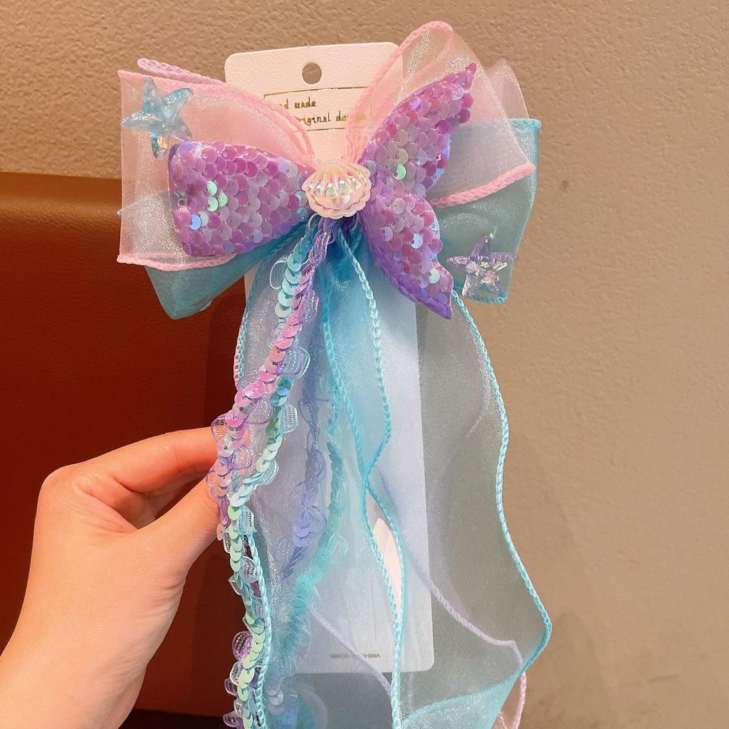 Super Fairy Mermaid Hairband Children's Crown Headwear Girl's Pearl Tassel Forehead Chain Little Girl Butterfly Knot Hair Clip