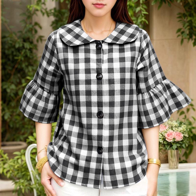 

ZANZEA Women Casual Doll Collar Loose 3/4 Sleeve Grid Print Blouse S чорний
