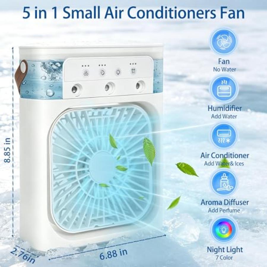 Portable Air Conditioners for bedroom and office, white ABS plastic mini air cooler fan with 2000mAh battery, 500ML tank, 3-spe