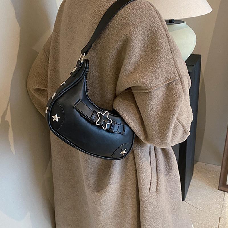 Women Shoulder Handbag Vintage Casual Hobos Denim Star Decor Solid Color Underarm Bag for Girls Ladies Purse Tote