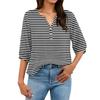 Women’s Striped Print Henley Neck Button Front Chest Seven Quarter Sleeve Cotton Linen Casual Shirt Top