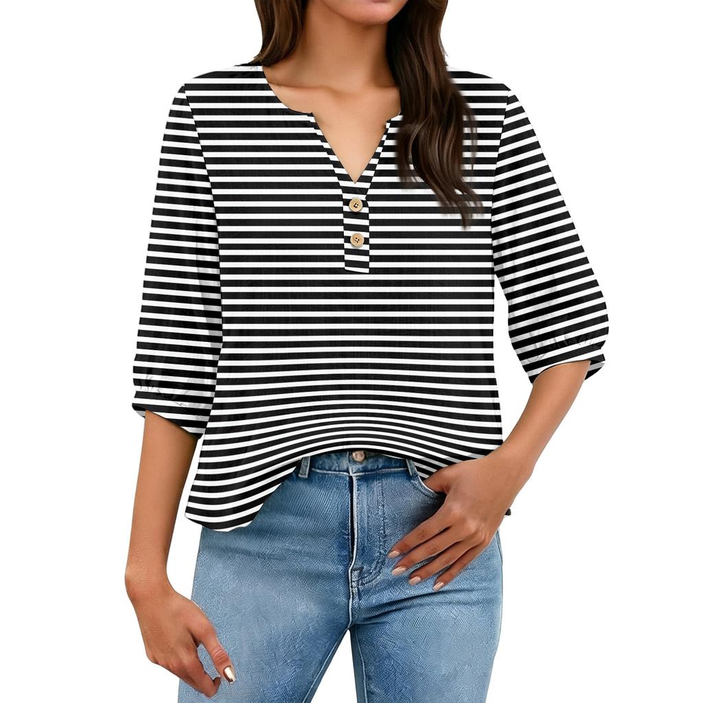 Women’s Striped Print Henley Neck Button Front Chest Seven Quarter Sleeve Cotton Linen Casual Shirt Top