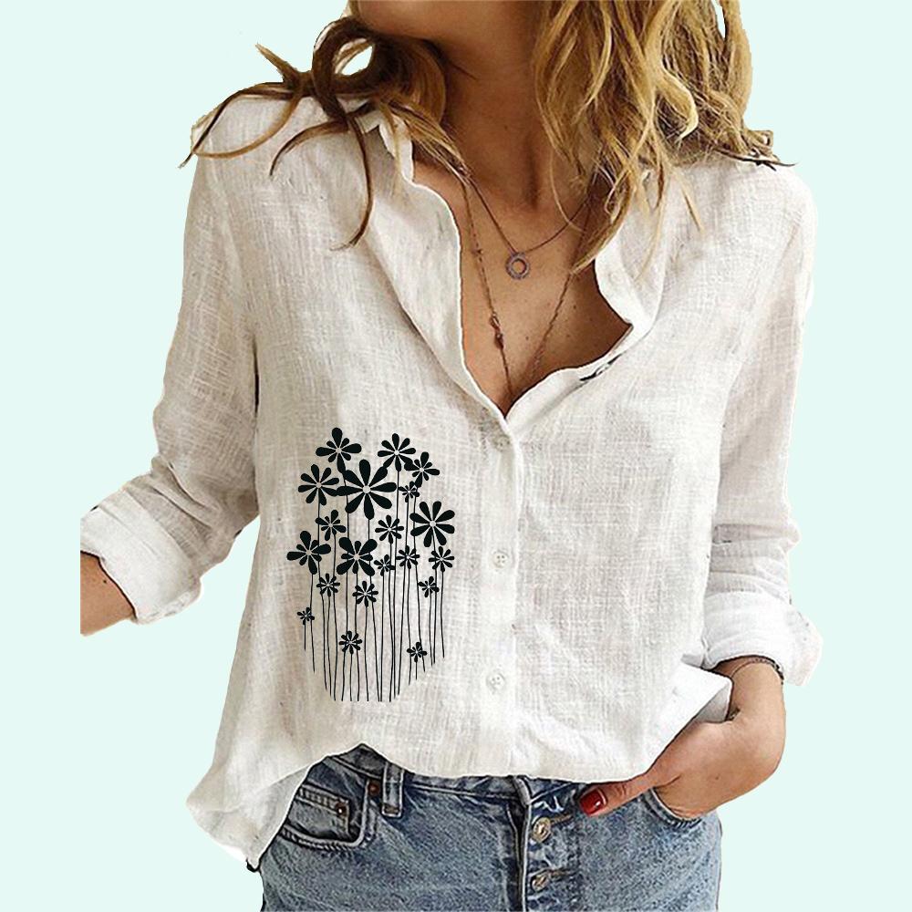 Women Fashion Floral Printed Blouses Female Lapel Neck Cotton Linen Top Casual Loose Buttoned Long Sleeve T-shirt