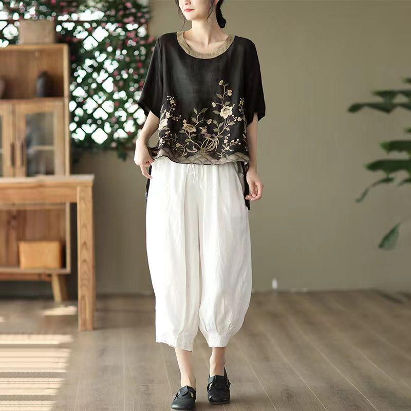 

Женская одежда в западном стиле Хлопково-льняной костюм Брюки Женские Летние Большого размера Артистичный Свободного кроя Скрывающий живот Топ Брюки гаремы Укороченные Комплект из двух предметов Black + White M [50.00 kg-60.00 kg]]