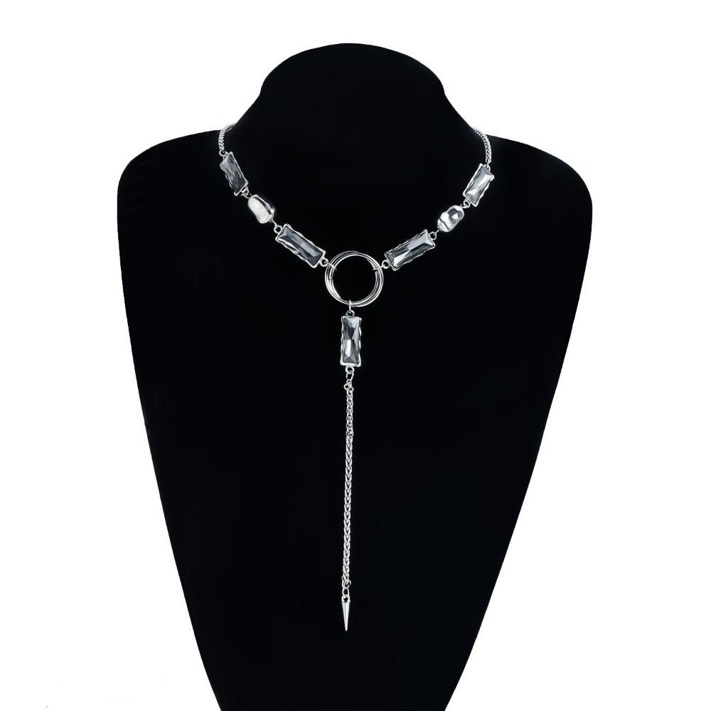 Y-förmiger grauer Glasanhänger Geometrischer langer Quasten-Schichtketten-Halskette Geschenke Quadratische Halskette für Frauen