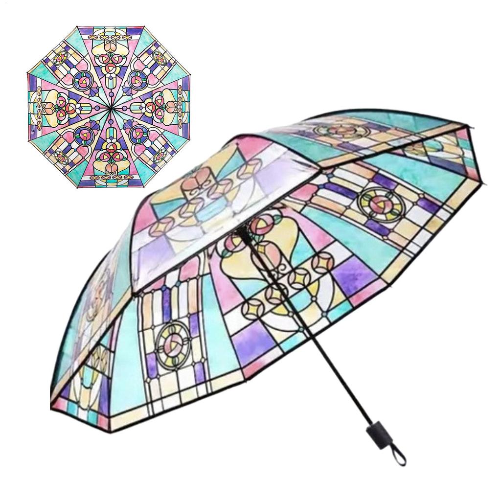 Vintage Stained Automatic Umbrella Hand-Painted Foldable Parasol Umbrella Stylish Design Folding Umbrella for Colleagues
