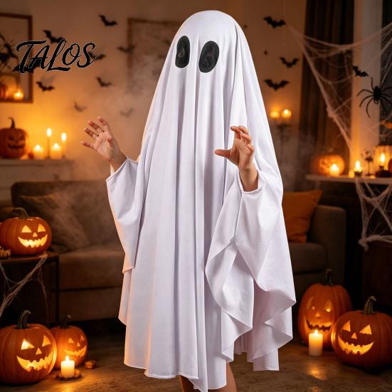 Unisex Halloween Wear Ghost Costume for Kids Adults, Cosplay Fancy Dress, Breathable Party Spooky White Cloak Cape with Black Eye Holes