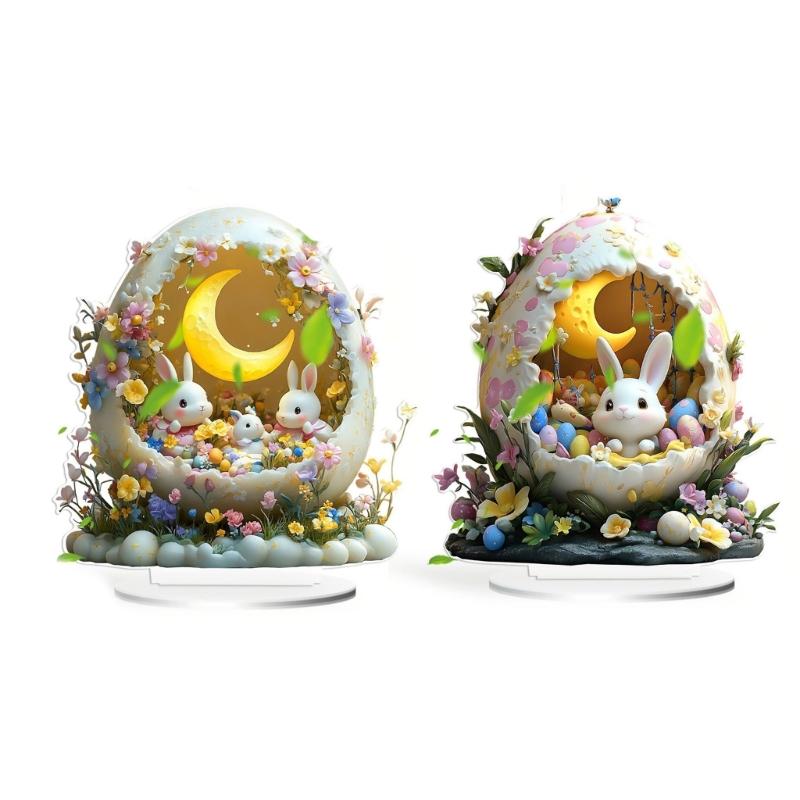 2D Holiday Table top Decoration Acrylic Ornament Features Lovely Rabbit Eggs for Festive Home and Office Display