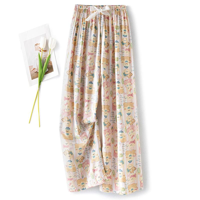 Pantaloni de pijama din bumbac mătase pentru femei, secțiune subțire de vară, anti-țânțari, pantaloni cu picior lat, culoare uni, pentru exterior, casă, petrecere a timpului liber, imprimeu, pantaloni de plajă până la genunchi