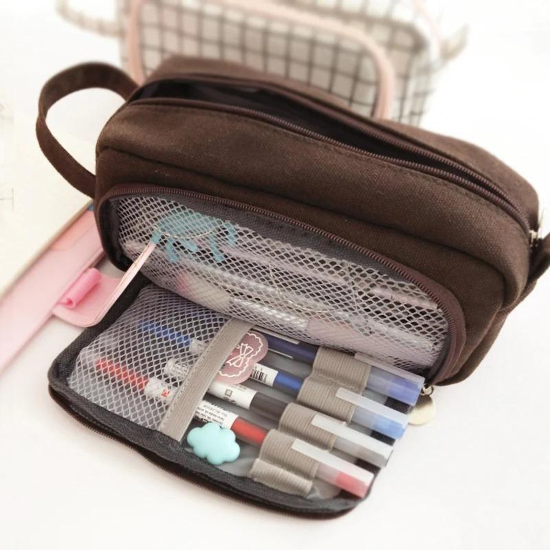 Simple Color Large Capacity Double Layer Pencil Case Stationery Eraser Storage Bag Student Office Stationery Pencil Case