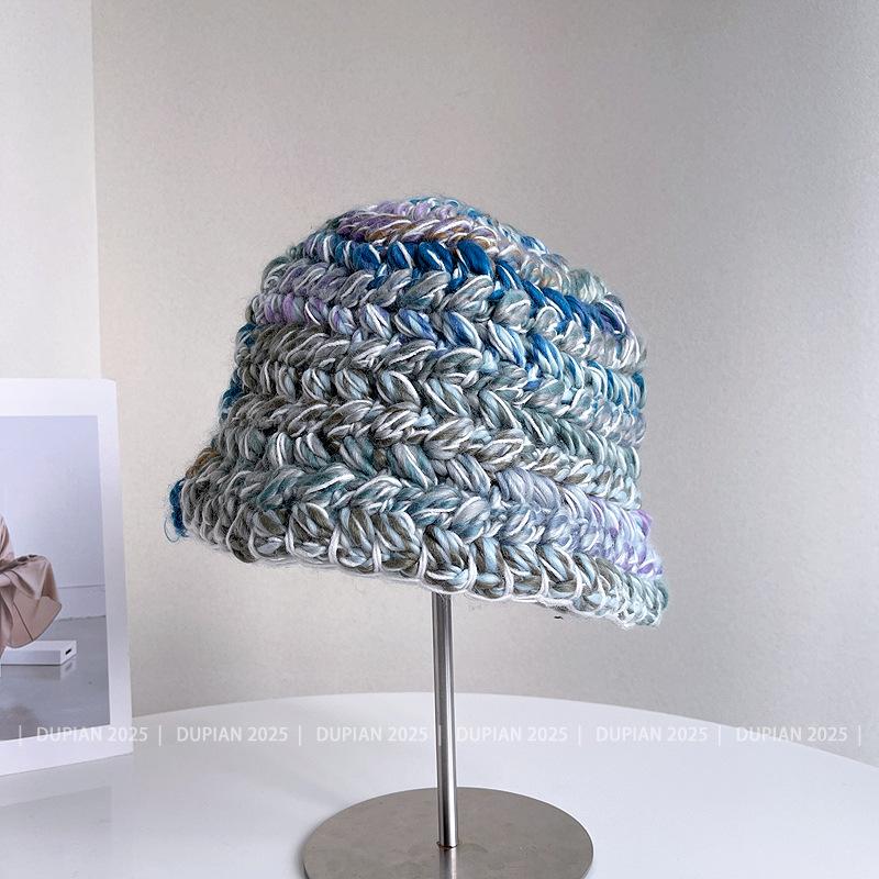 Autumn Winter New Dopamine Color Coarse Wool Knitted Bucket Hat Women'S Warm And Versatile Big Display Washbasin Hat