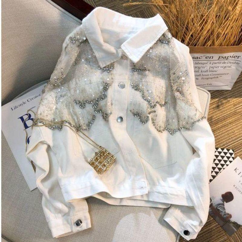 Internet Celebrity Beads Rhinestones Denim Outwear Female Spring & Fall 2024 Loose Slim Looking Fashion Wind Mesh Jacket Tops Tide