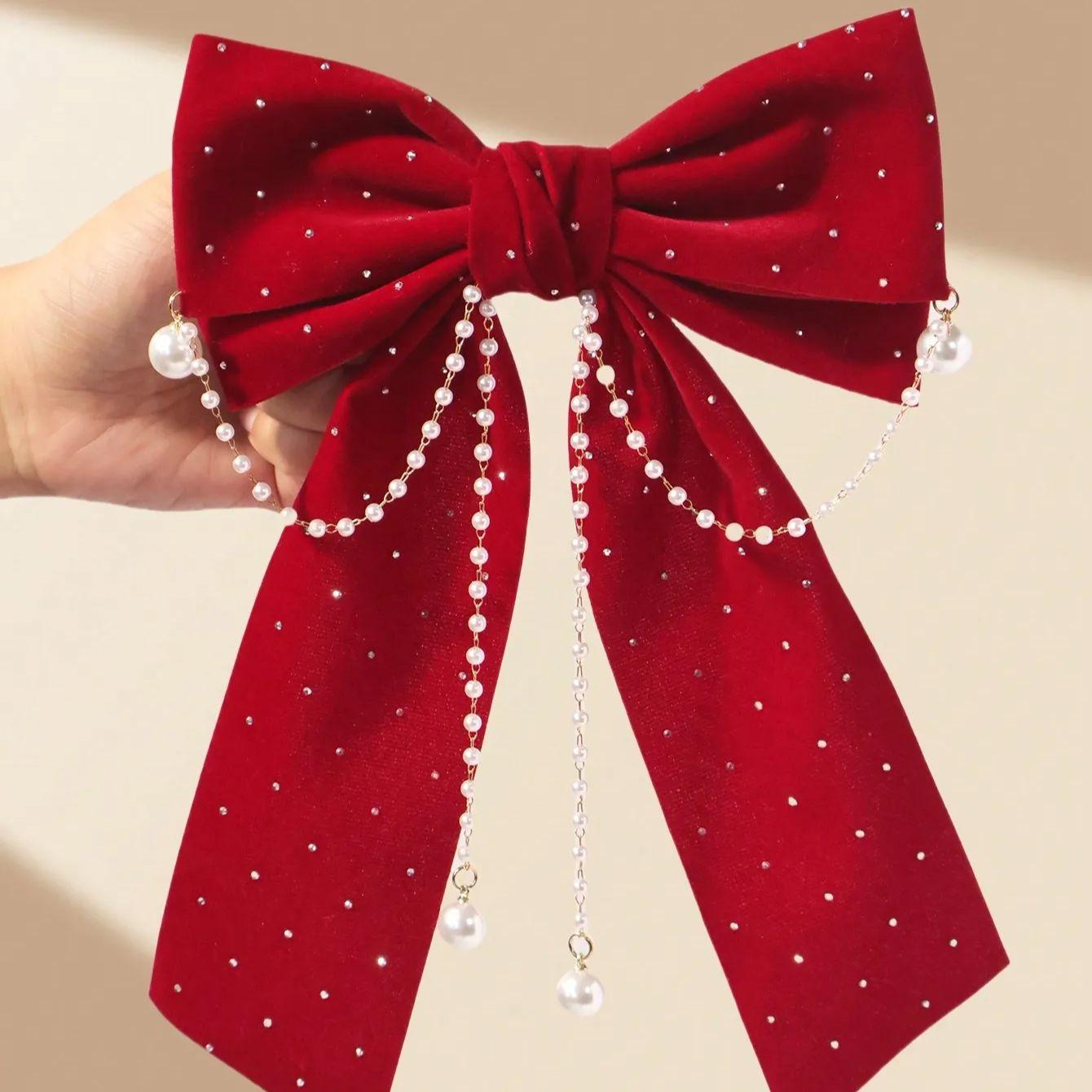 

1 шт. женская заколка-автомат с бантом, винно-красный бархатный материал, звездная кисточка, имитация жемчуга, принцесса, аксессуар для волос