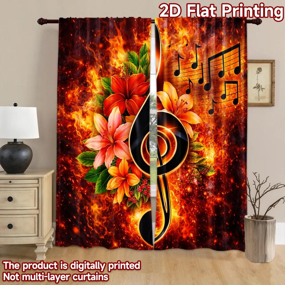 2D Flat Printing 2pcs Curtain Curtains Musical Flames and Flowers Digital Printed Polyester Drapes All Season Party & Holiday