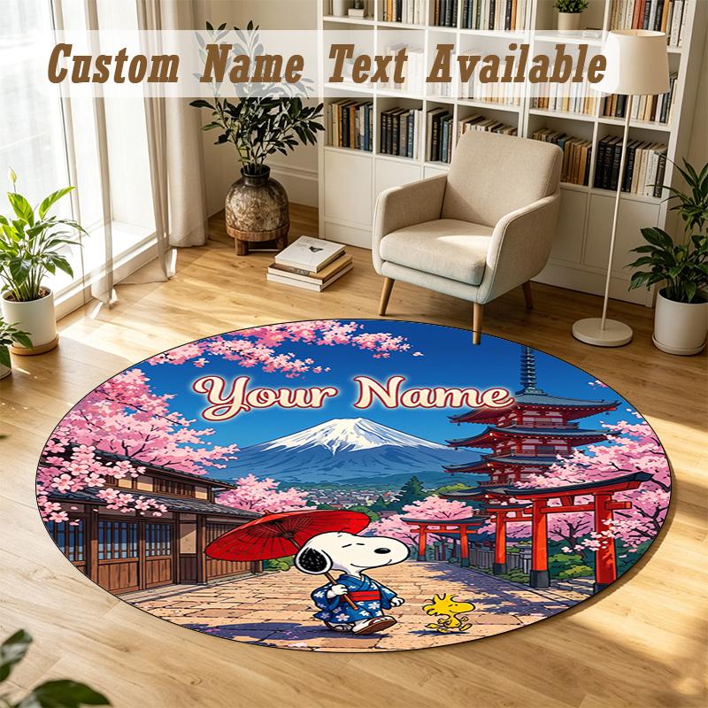 Snoopy Peanuts Personalized Round Rug Support Custom Name, Soft Home Decor Mat
