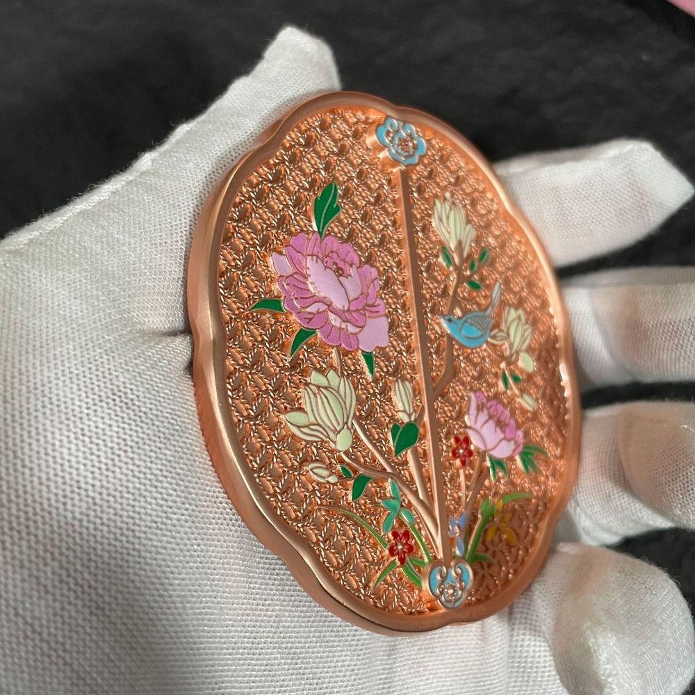 3D Flower Handle Makeup Mirror Vintage Round Vanity Mirror Portable Chinese Style Mirror Unisex